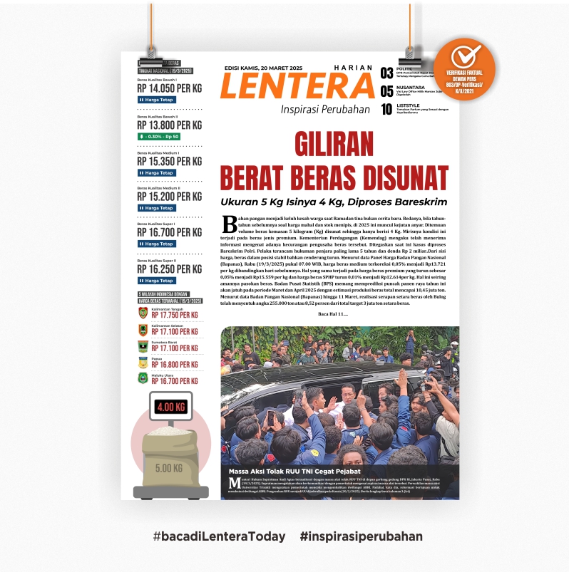 Giliran Berat Beras Disunat (Koran Kamis, 20/3/2025)